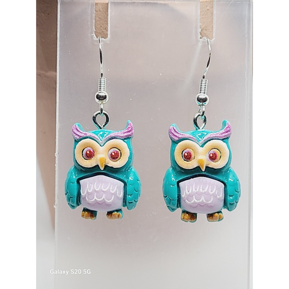 Teal‎ Owl Drop Earrings Hand Painted Whimsical Bird Jewelry Silver Tone Hooks